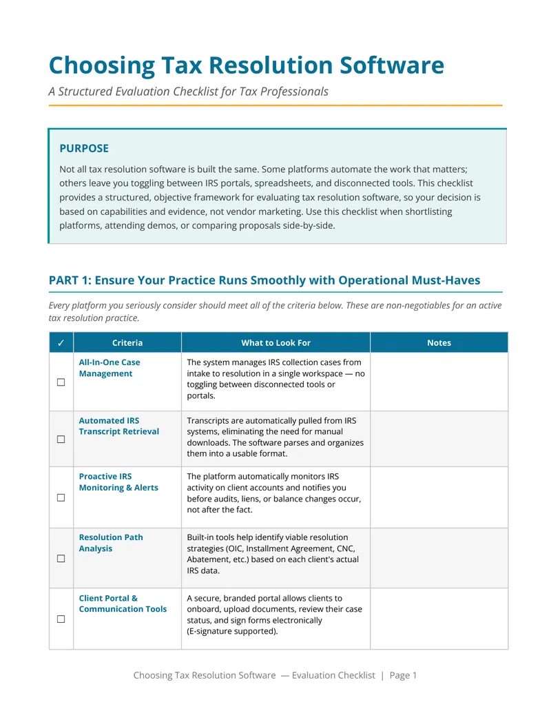 Structured Evaluation Checklist for Tax Resolution Software