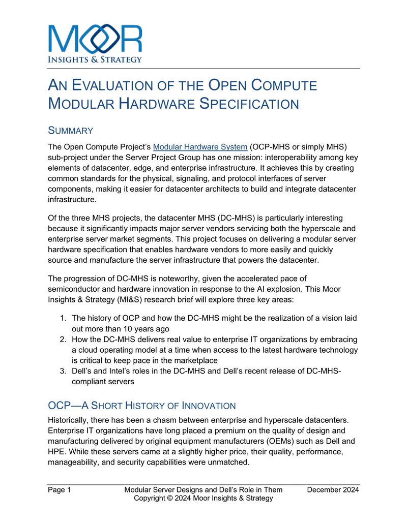 Evaluation of Open Compute Modular Hardware Specification