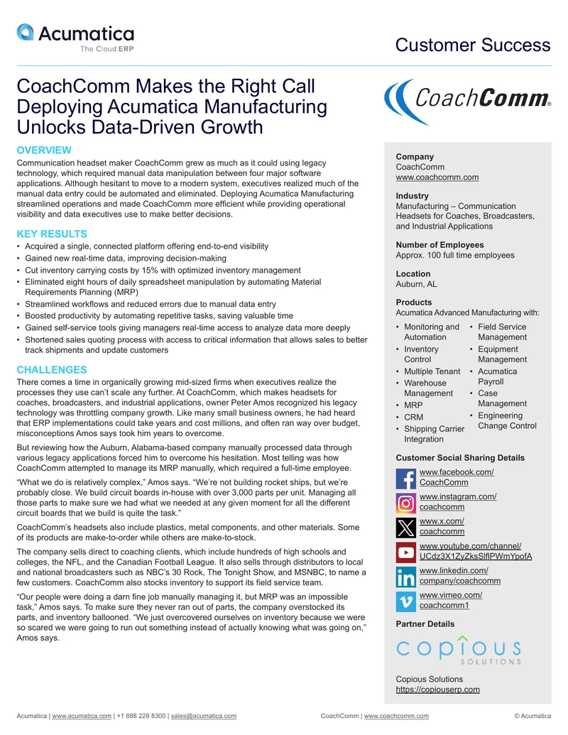 CoachComm Implements Acumatica Manufacturing ERP