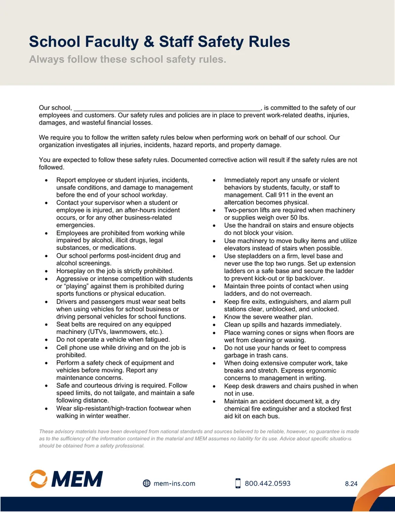 School Safety Rules for Faculty and Staff