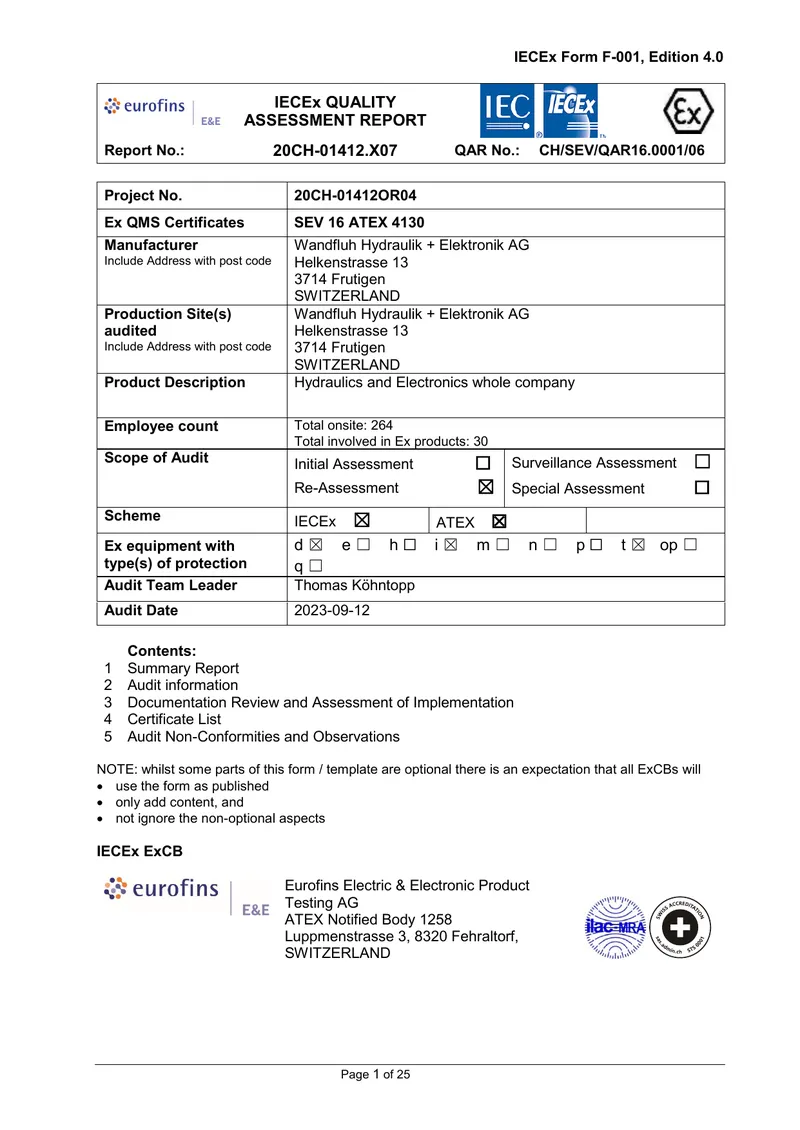 IECEx Quality Assessment Report for Wandfluh Hydraulik preview page 1