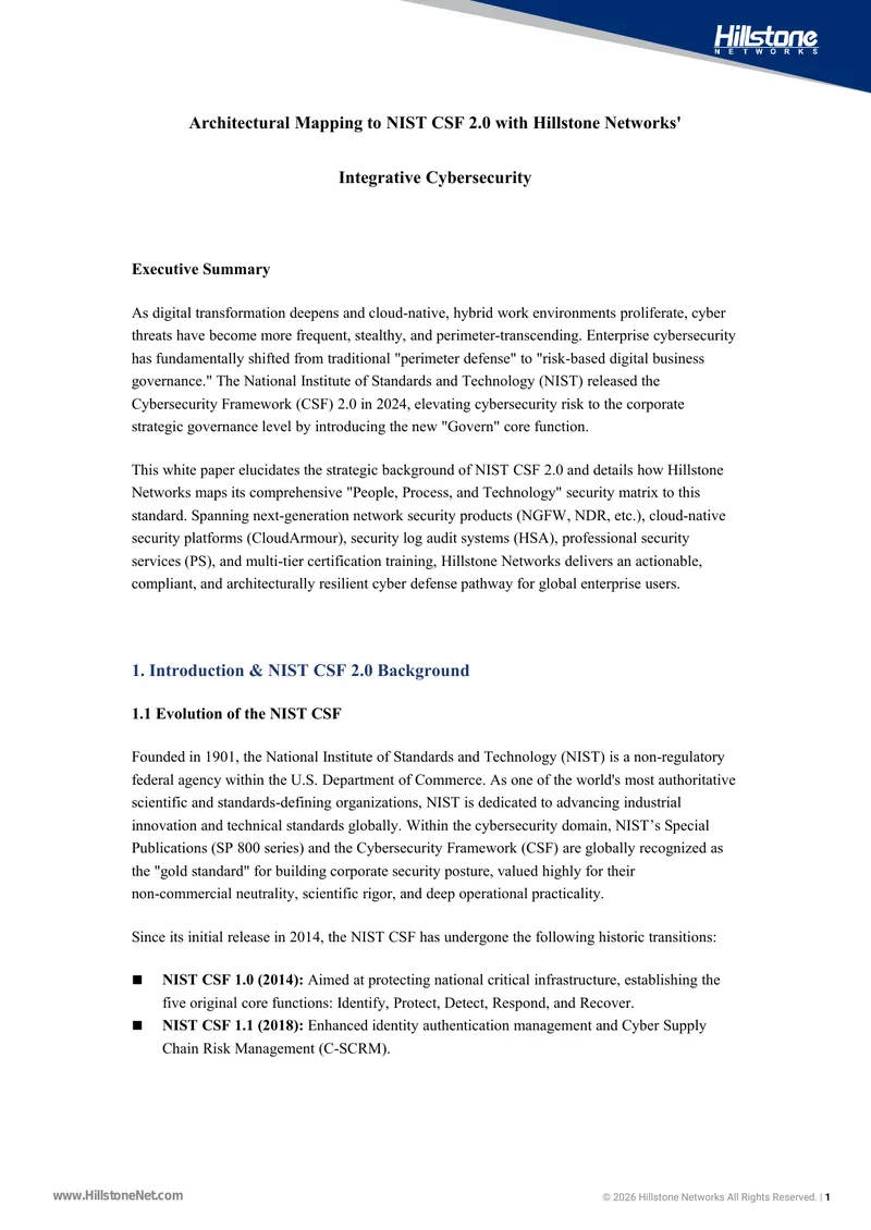 Architectural Mapping to NIST CSF 2.0 with Hillstone Networks