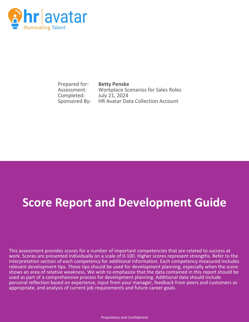 Workplace Scenarios for Sales Roles Score Report