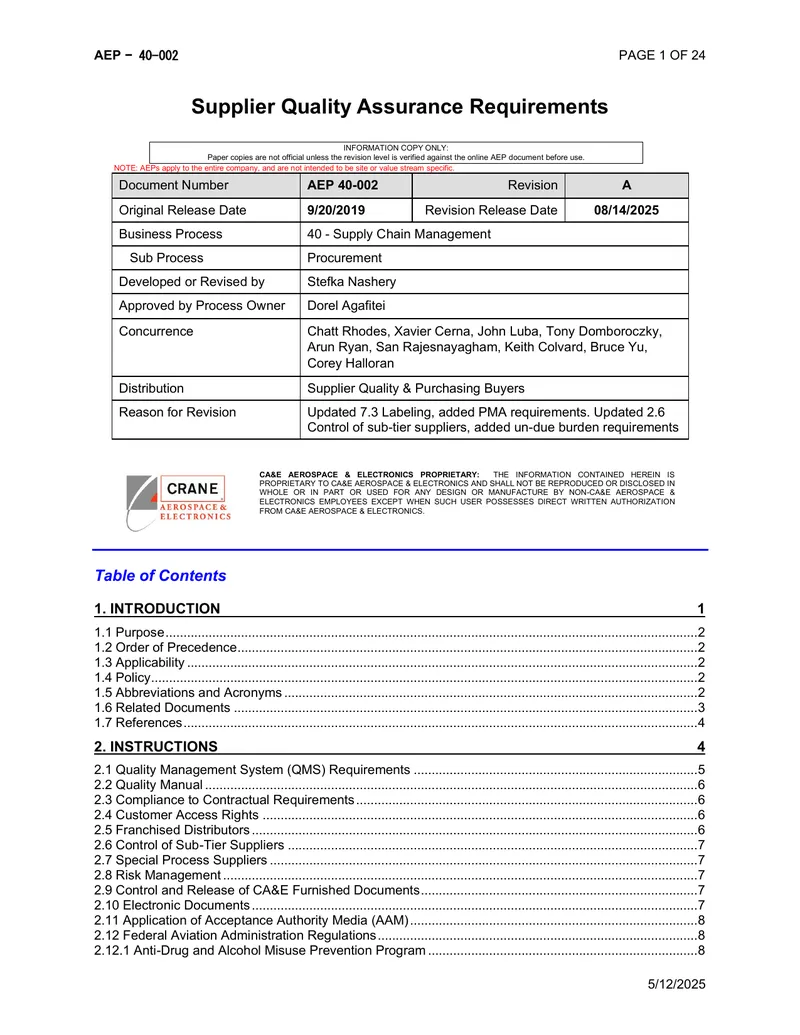 Supplier Quality Assurance Requirements Document