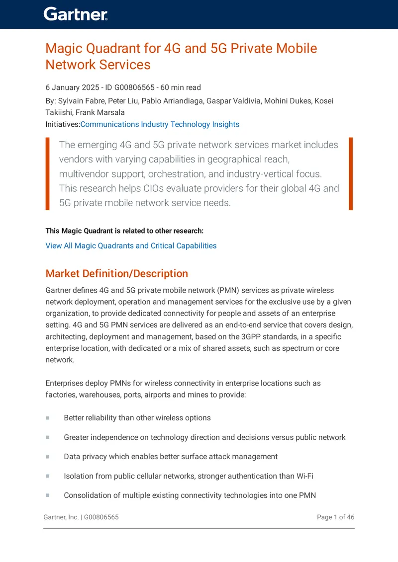 Magic Quadrant for 4G and 5G Private Mobile Network Services