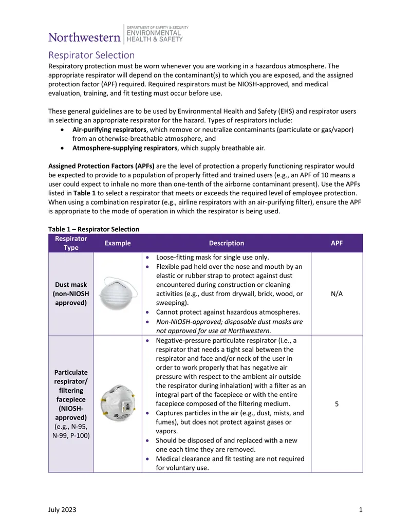 Respirator Selection Guidelines for Hazardous Atmospheres