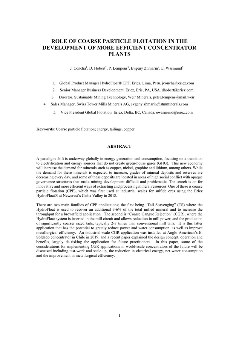 Coarse Particle Flotation in Concentrator Plants