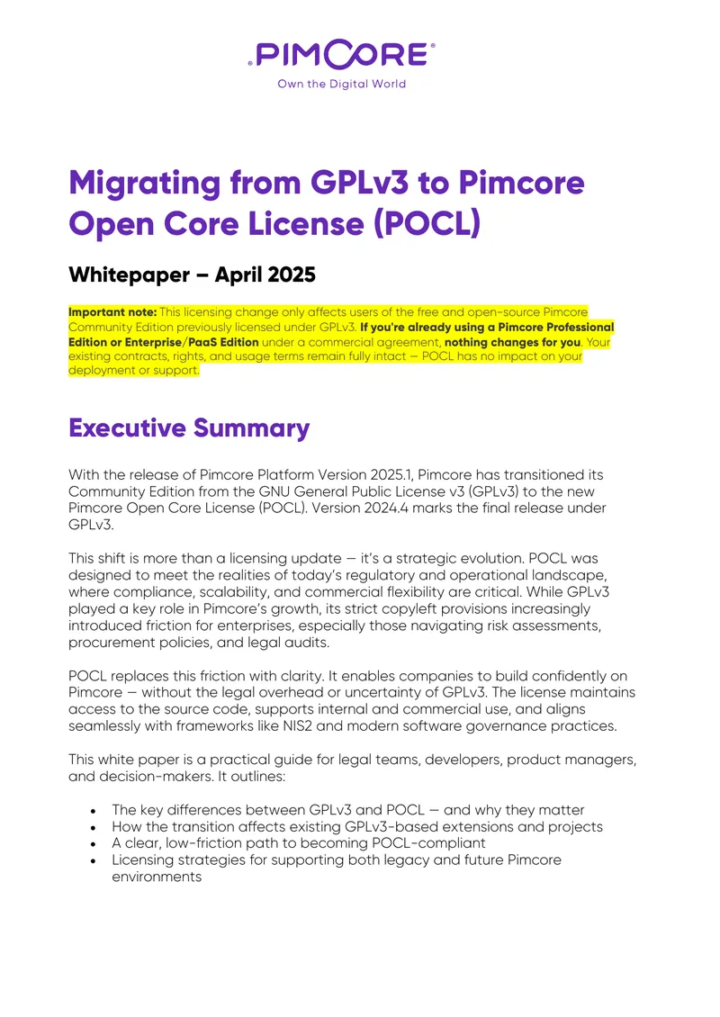 Migrating from GPLv3 to Pimcore Open Core License