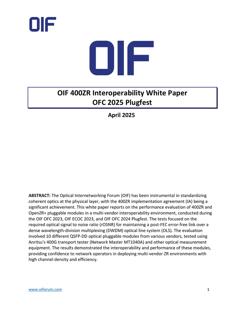 OIF 400ZR Interoperability Performance Evaluation