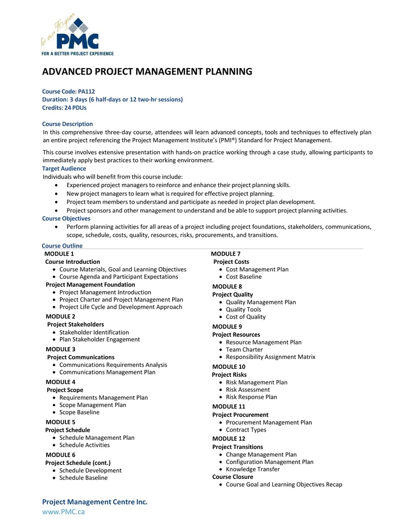 Advanced Project Management Planning Course