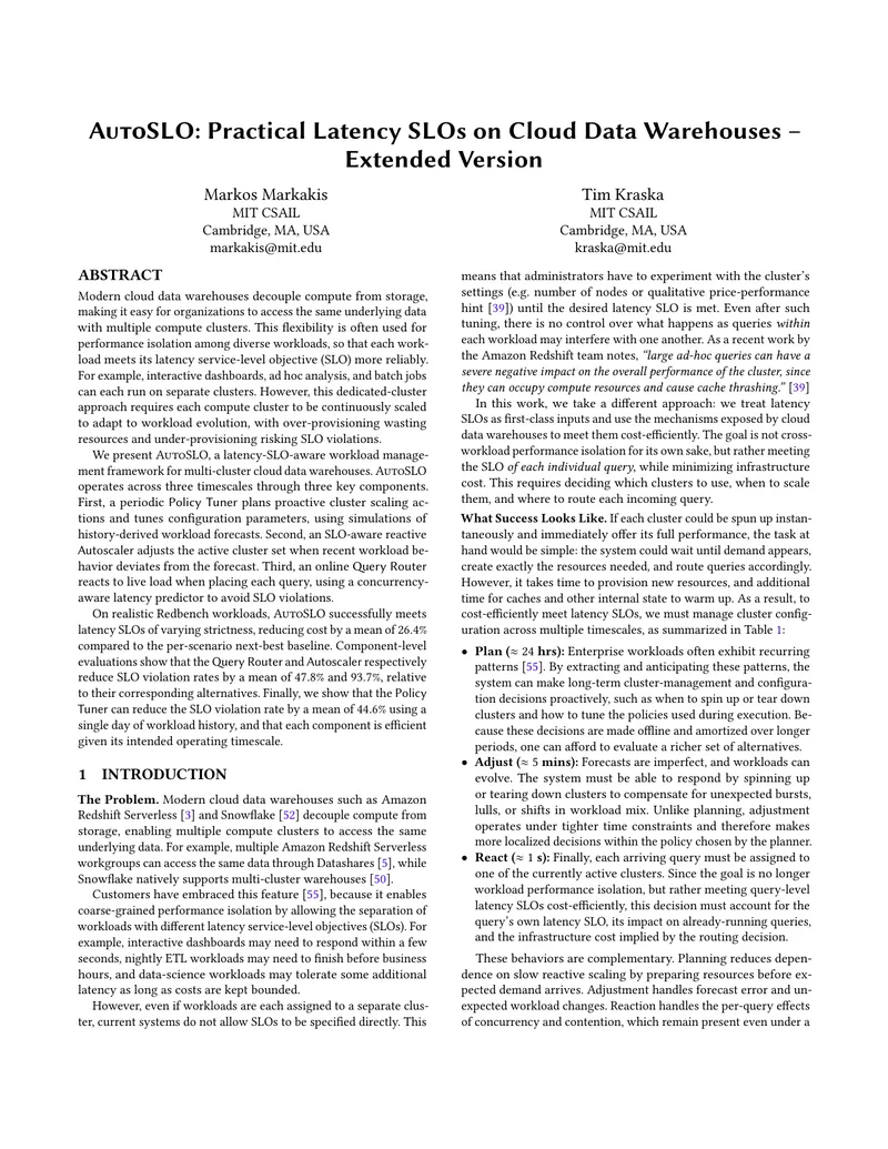 AutoSLO Framework for Latency Management in Cloud Data Warehouses