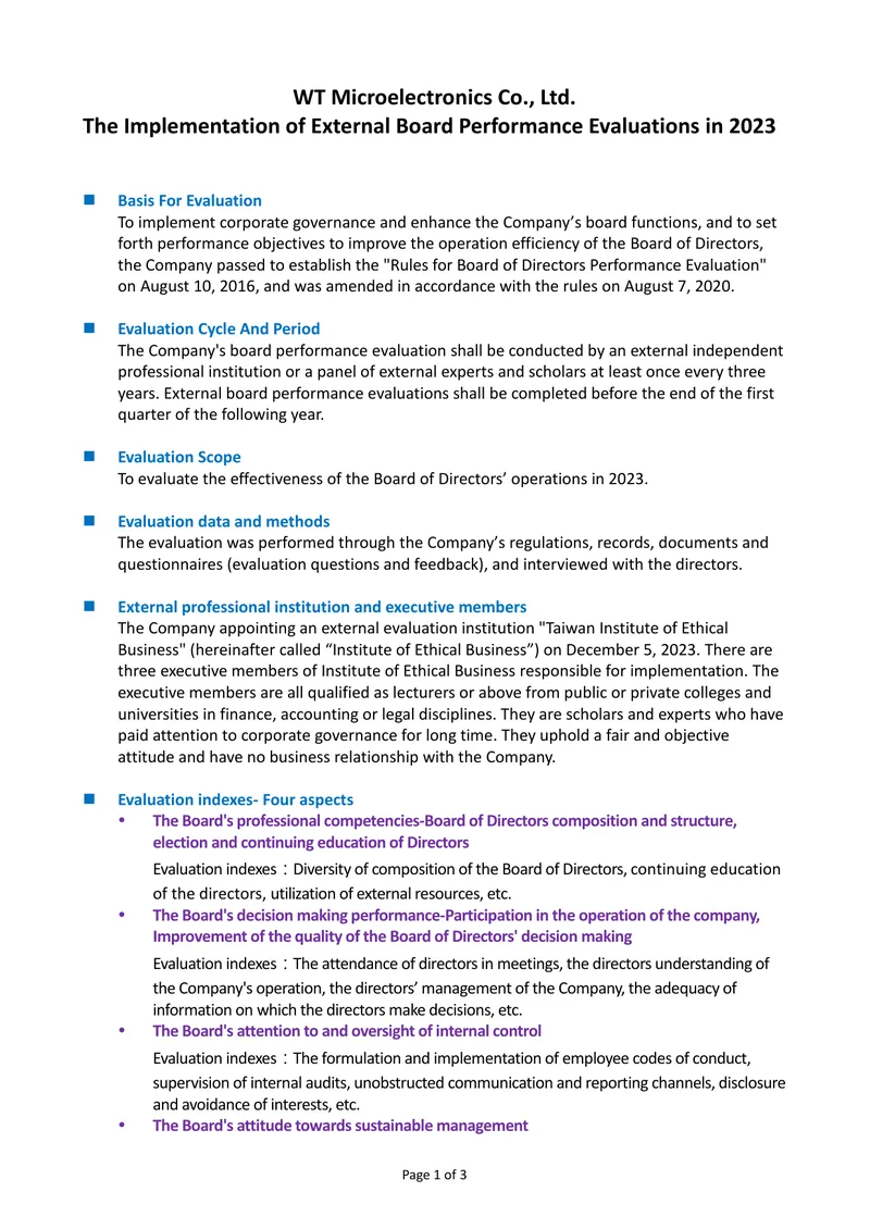 Implementation of External Board Performance Evaluations in 2023