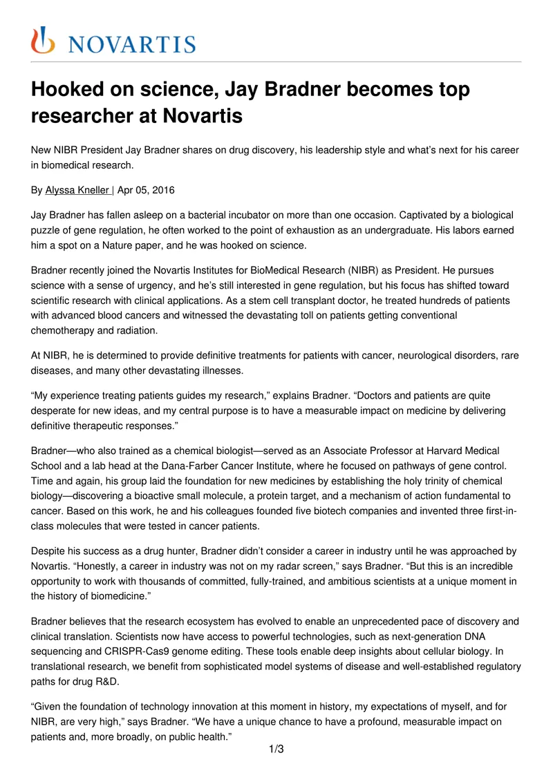 Jay Bradner's Leadership and Research Vision at Novartis