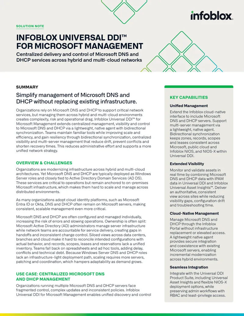 Infoblox Universal DDI for Microsoft Management Solution Note