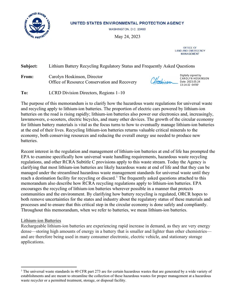 Lithium Battery Recycling Regulatory Status and FAQs