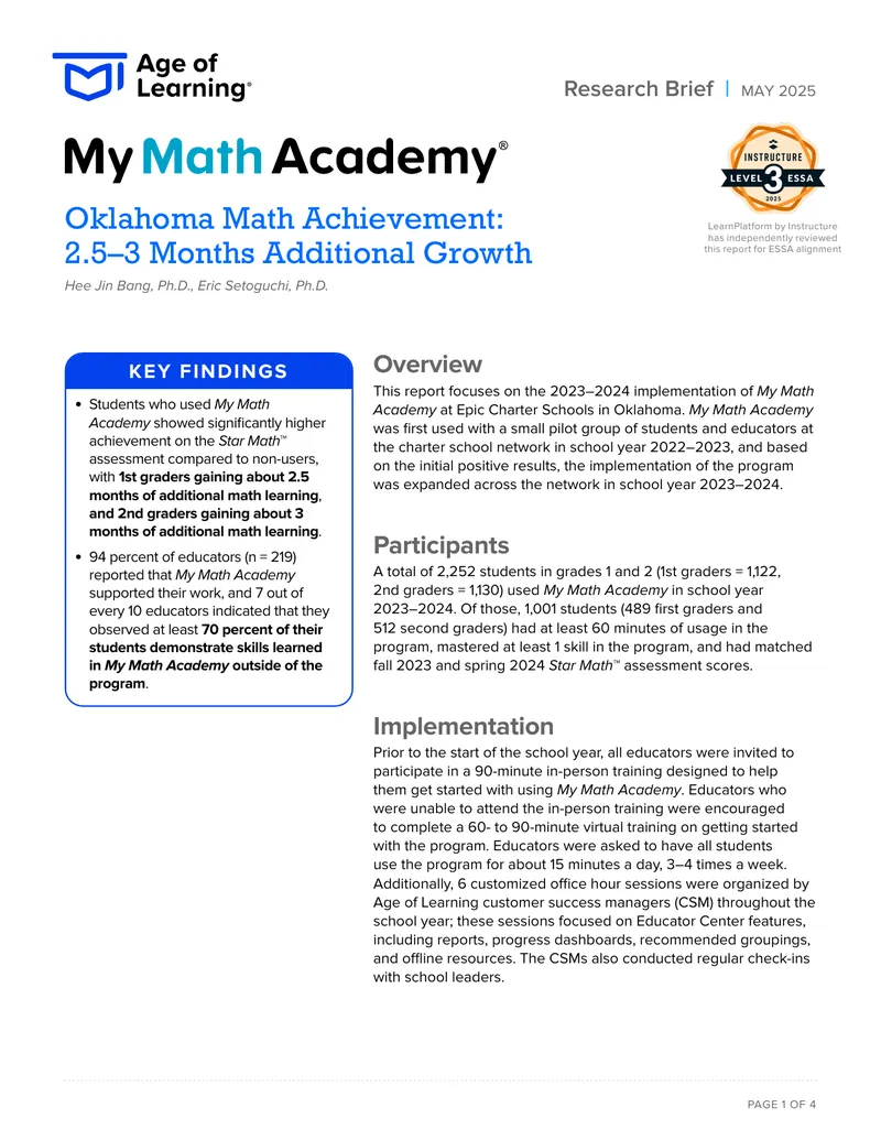 Impact of My Math Academy on Oklahoma Students