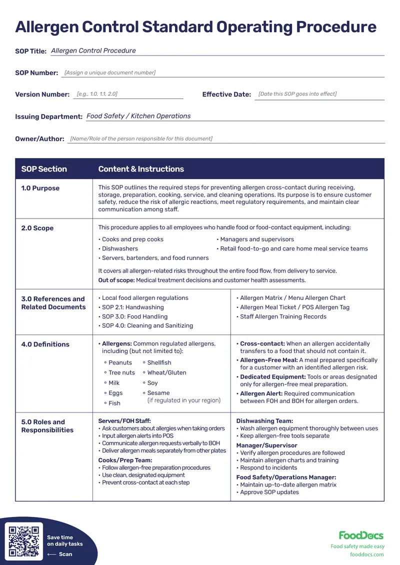 Allergen Control Standard Operating Procedure