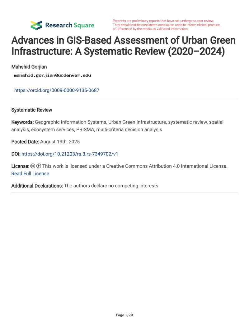 Advances in GIS-Based Assessment of Urban Green Infrastructure
