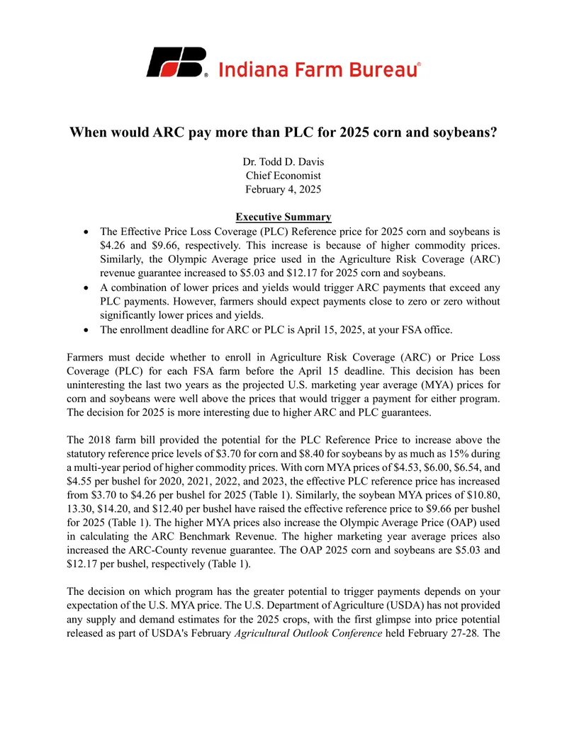 Analysis of ARC and PLC Payment Structures for 2025