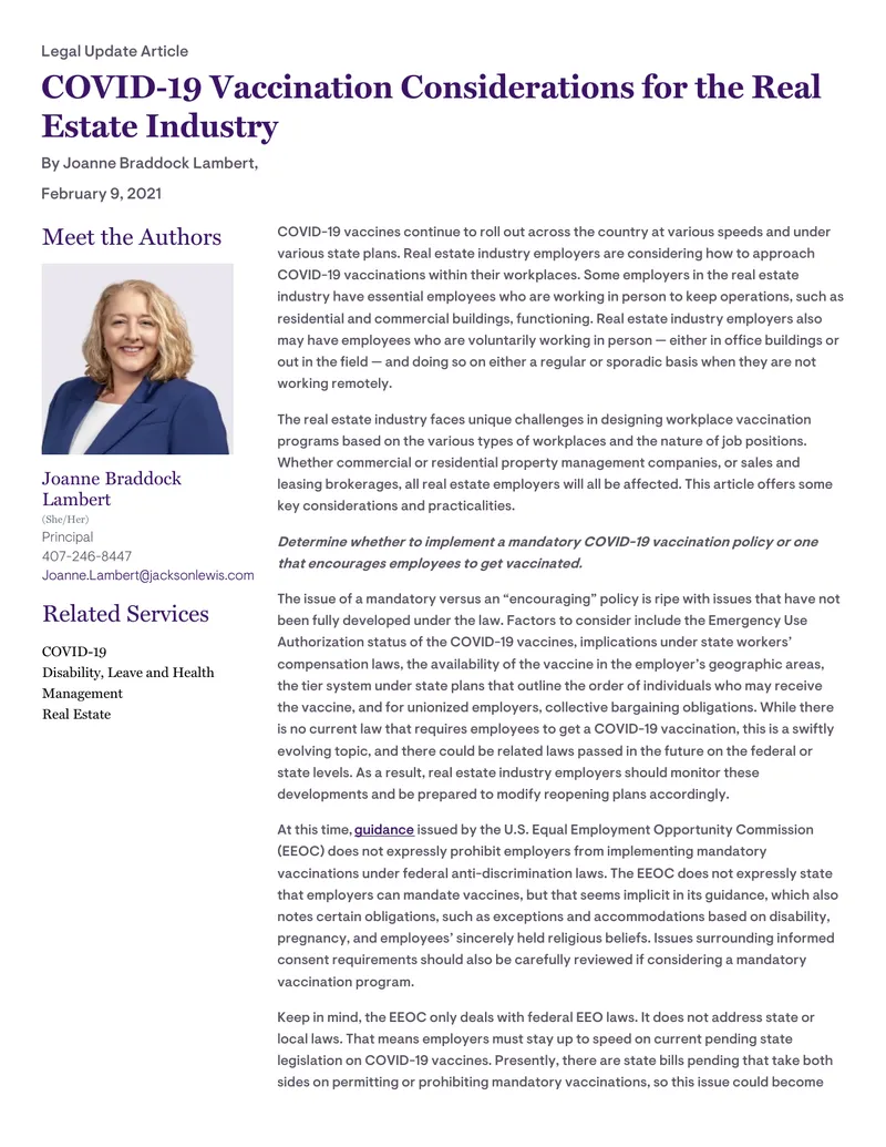 COVID-19 Vaccination Considerations for Real Estate Employers