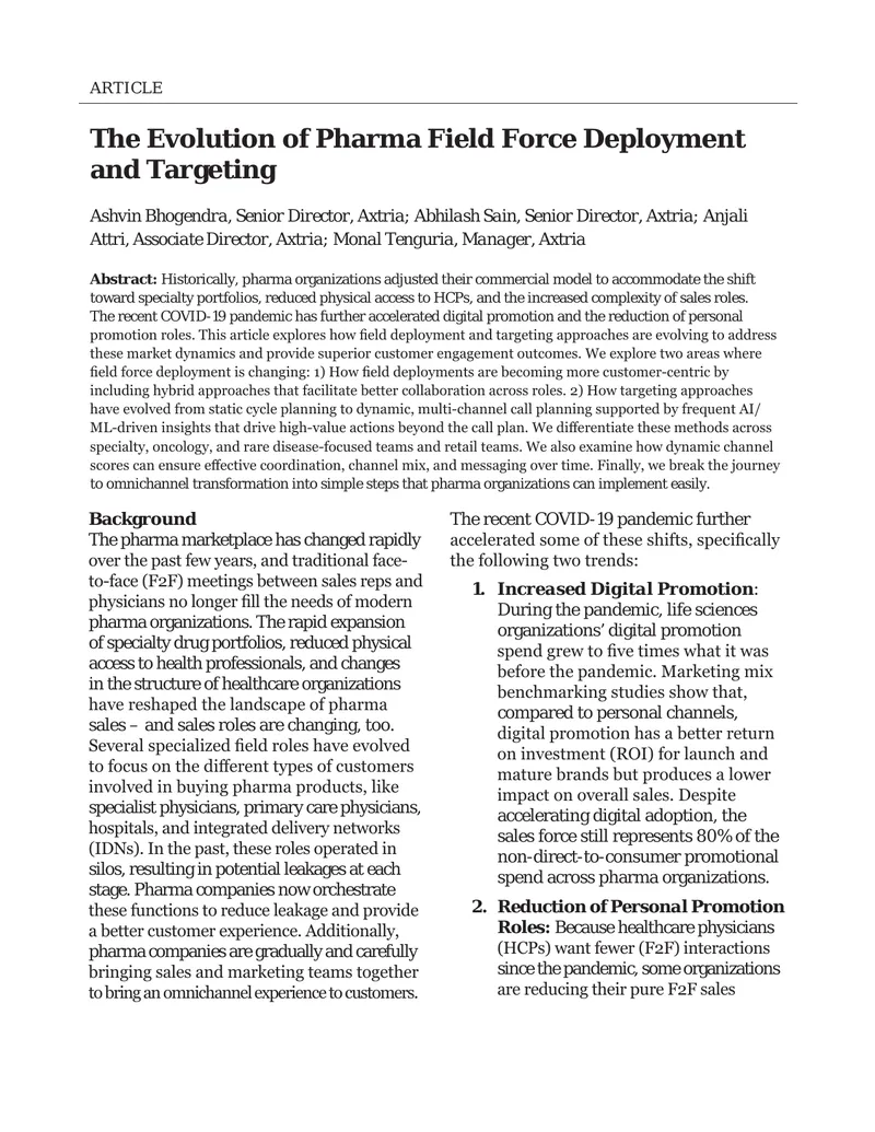 Pharma Field Force Deployment and Targeting Evolution