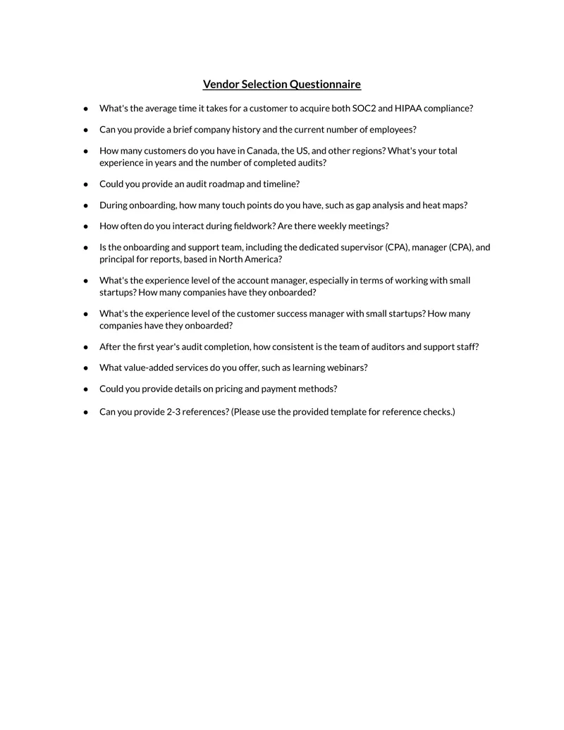 Vendor Selection Questionnaire and Reference Check