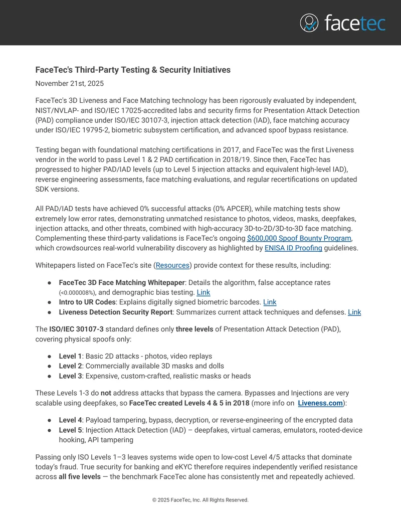 FaceTec Third-Party Testing and Security Initiatives