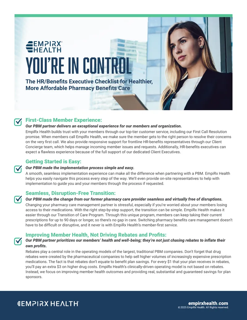 HR Benefits Executive Checklist for Pharmacy Benefits Care