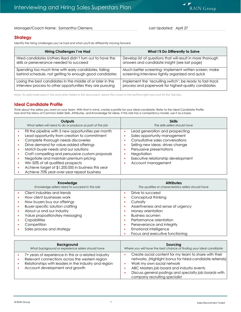Interviewing and Hiring Sales Superstars Plan