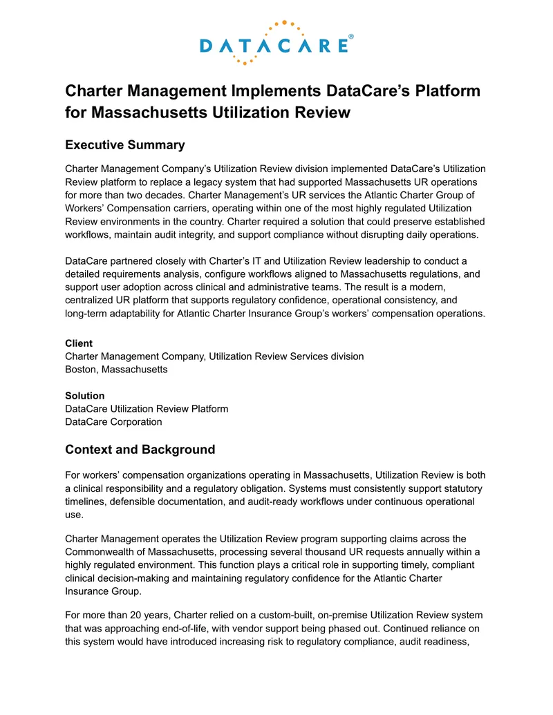 Charter Management Implements DataCare’s Utilization Review Platform