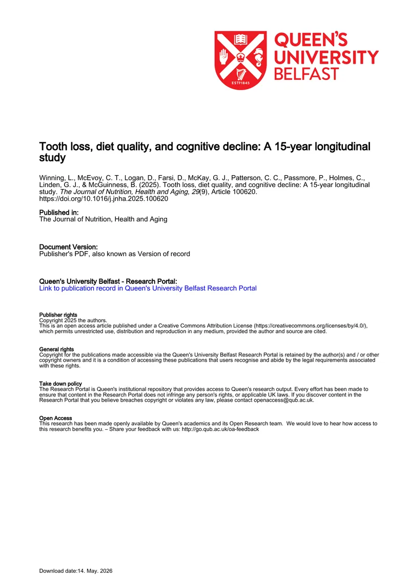 Tooth Loss, Diet Quality, and Cognitive Decline Study