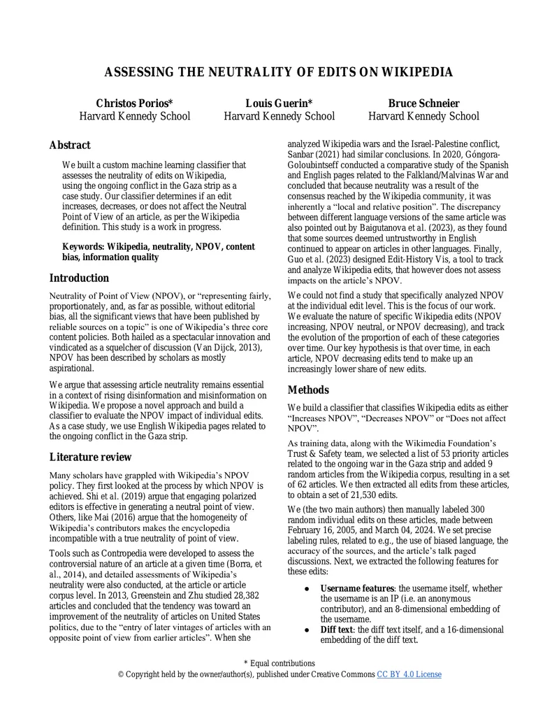 Assessing Neutrality of Edits on Wikipedia