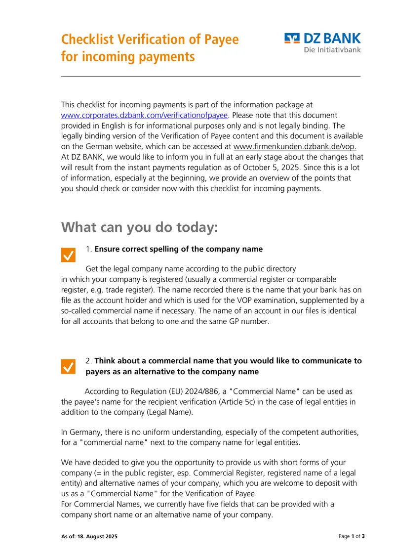 Checklist for Verification of Payee in Incoming Payments