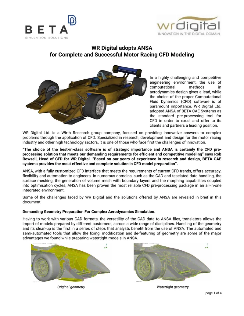WR Digital Adopts ANSA for Motor Racing CFD Modeling