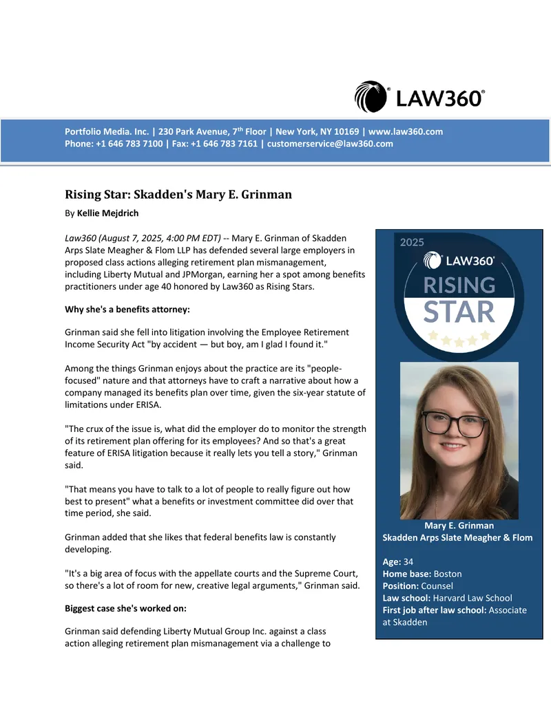 Skadden's Mary E. Grinman Recognized as Rising Star
