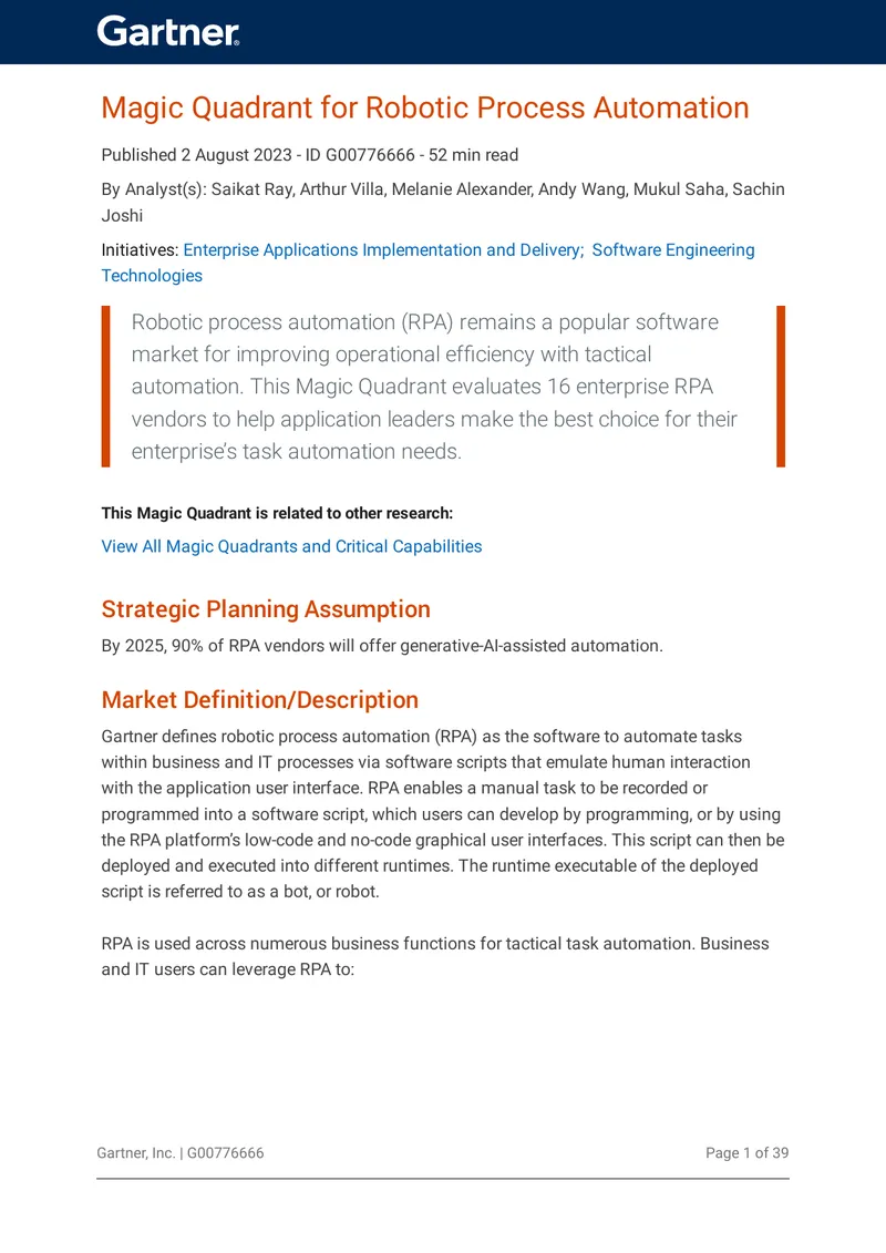 Magic Quadrant for Robotic Process Automation