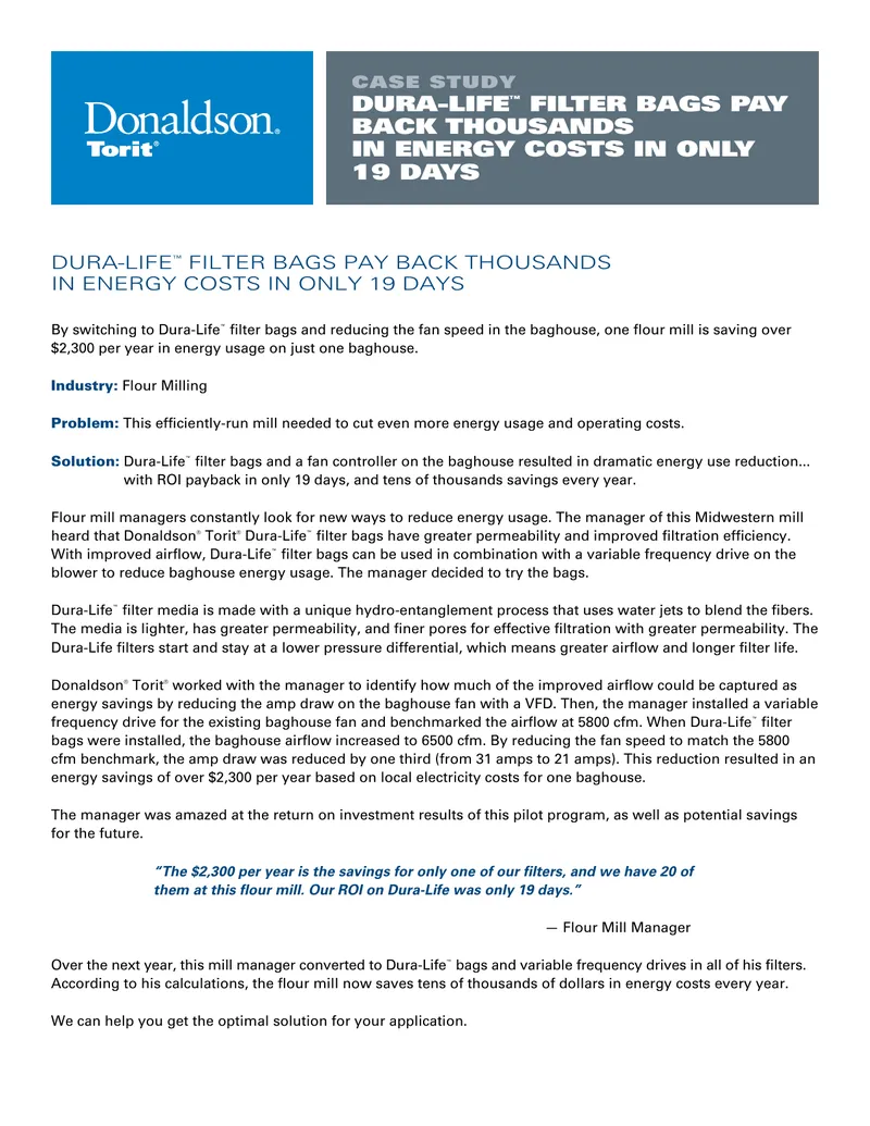 Dura-Life Filter Bags Energy Cost Savings Case Study