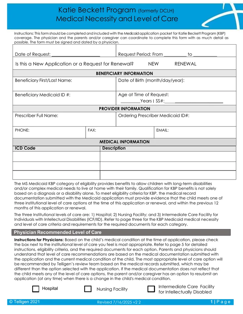 Katie Beckett Program Medical Necessity Form