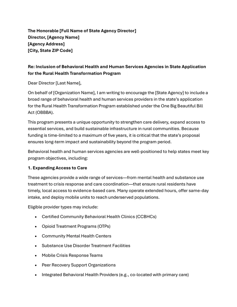 Inclusion of Behavioral Health Agencies in Rural Health Program