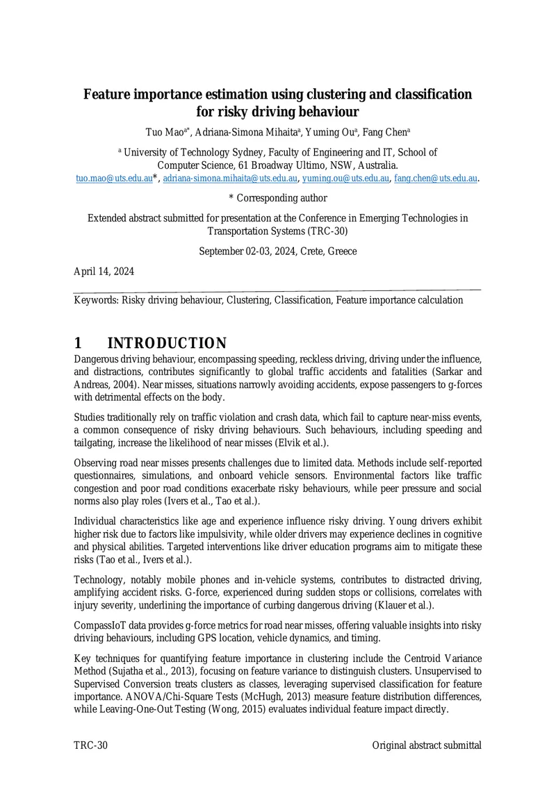 Feature Importance Estimation for Risky Driving Behaviour