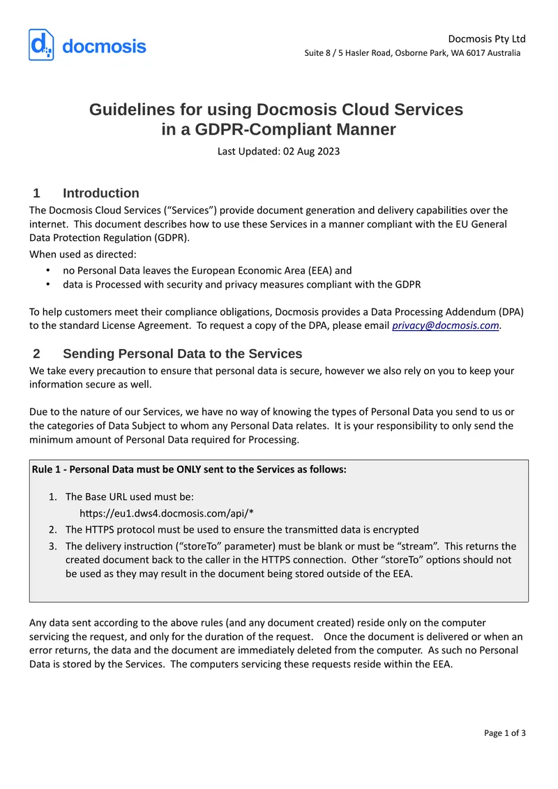 Guidelines for Using Docmosis Cloud Services in a GDPR-Compliant Manner