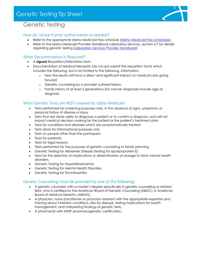 Idaho Medicaid Genetic Testing Guidelines