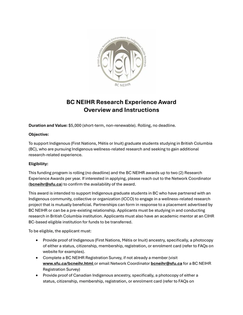 BC NEIHR Research Experience Award Instructions