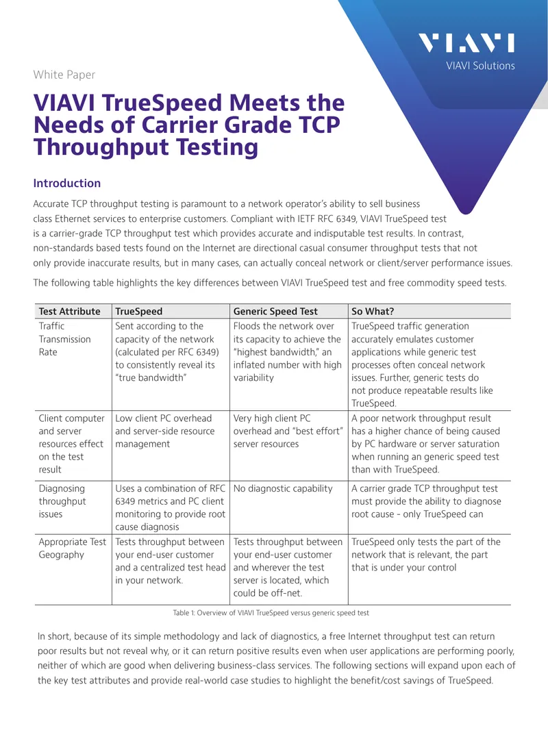 VIAVI TrueSpeed for Carrier Grade TCP Throughput Testing