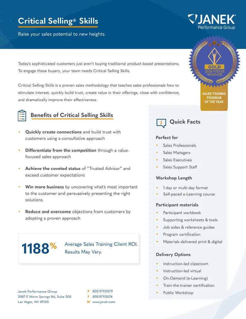 Critical Selling Skills Training Program