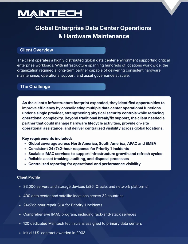 Global Enterprise Data Center Operations and Hardware Maintenance
