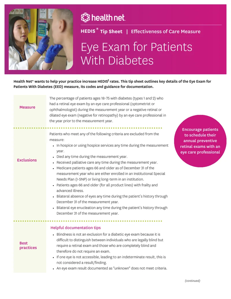 HEDIS Tip Sheet for Eye Exam in Diabetes Patients