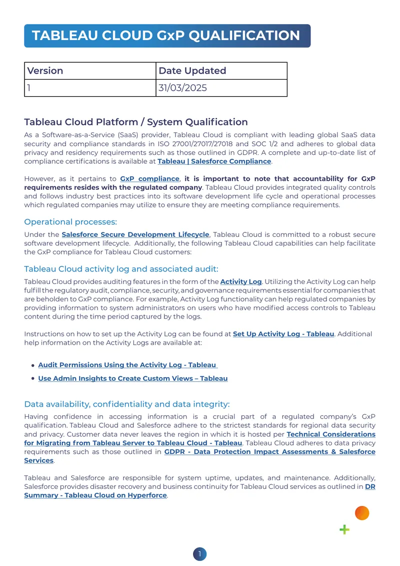 Tableau Cloud Platform GxP Qualification Guide