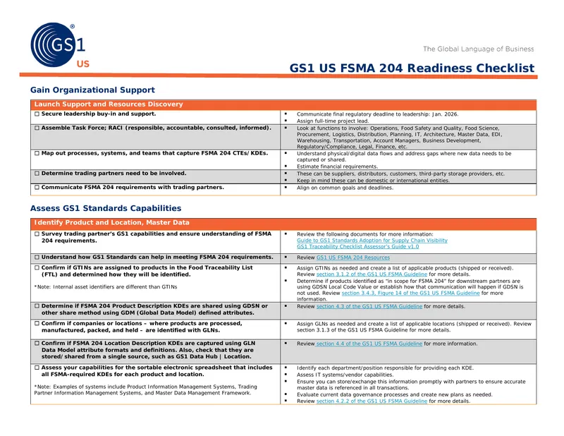 GS1 US FSMA 204 Readiness Checklist