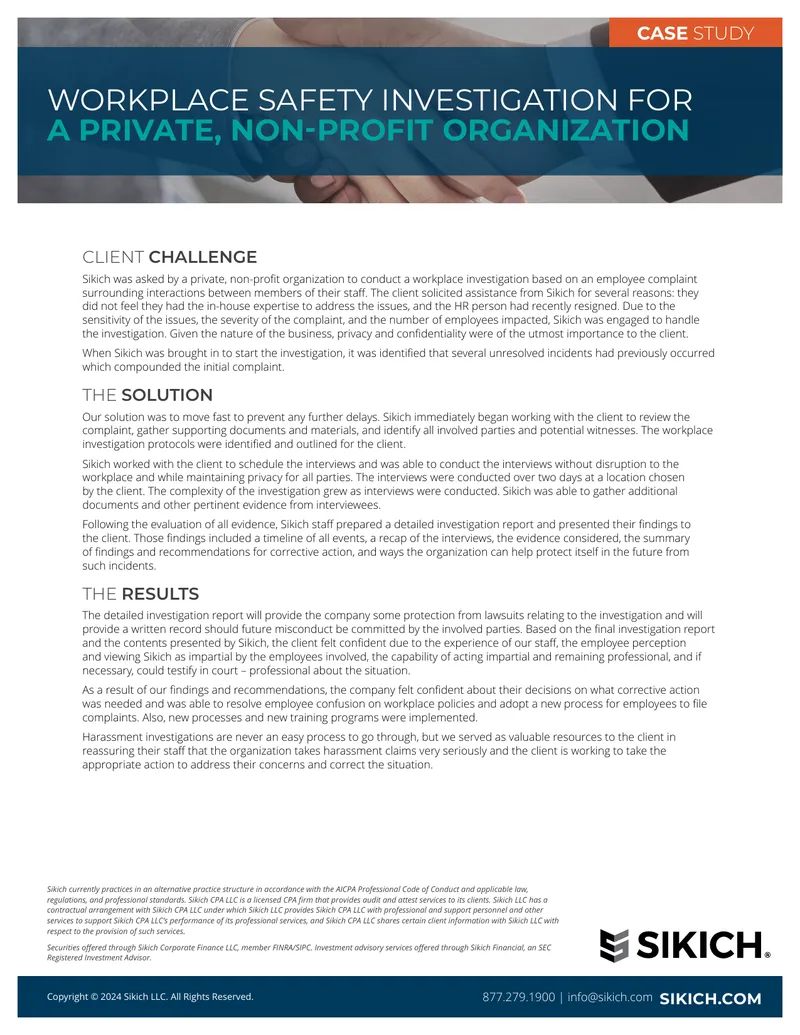 Workplace Safety Investigation for Non-Profit Organization